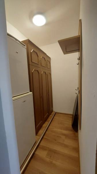 Hallway of a 1-room apartment with wooden cabinets and a floor with a wooden design.