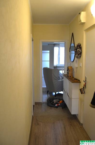 A narrow hallway with wooden floor decor in a 3-room apartment, view into the living room.