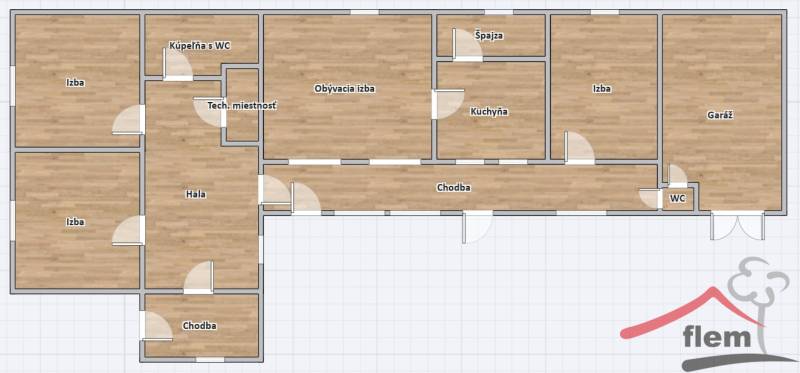 Floor plan of a family house with a wooden decor floor, including rooms and a garage.