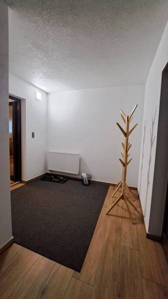 A hallway in a 2-room apartment with a wooden decor floor, a radiator, and a coat rack.