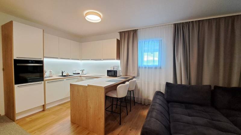 A kitchen in a 2-room apartment with a bar counter and a floor with a wooden decor.
