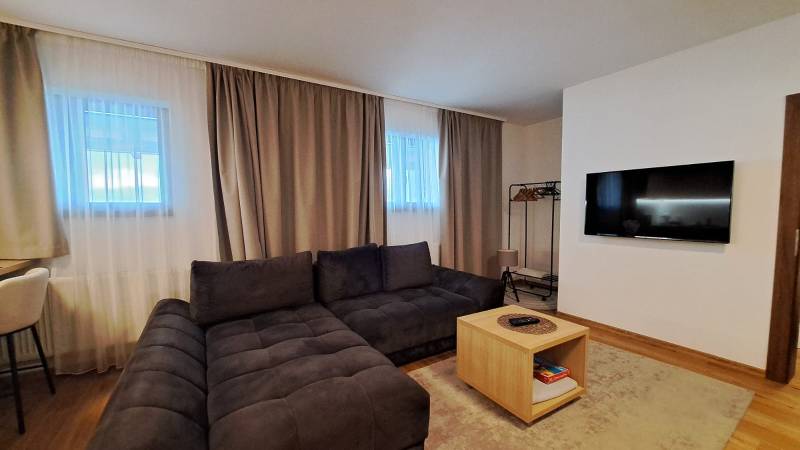 Living room in a two-room apartment with a comfortable sofa and a wooden decor floor.
