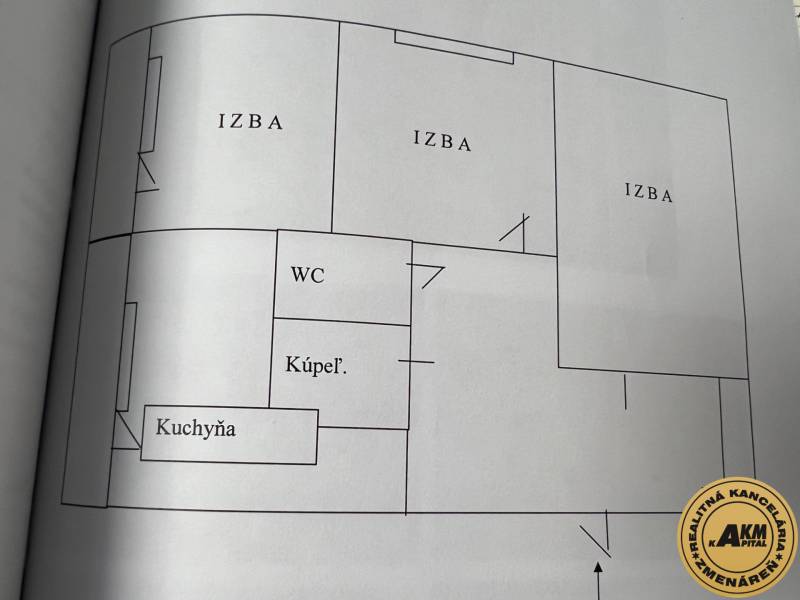 Floor plan of a 3-room apartment with a kitchen, bathroom, and toilet.