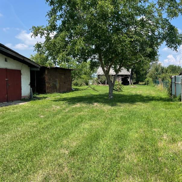 A garden with a wooden tree and a building in the background in Zemplínska Široká. Plots - residential.