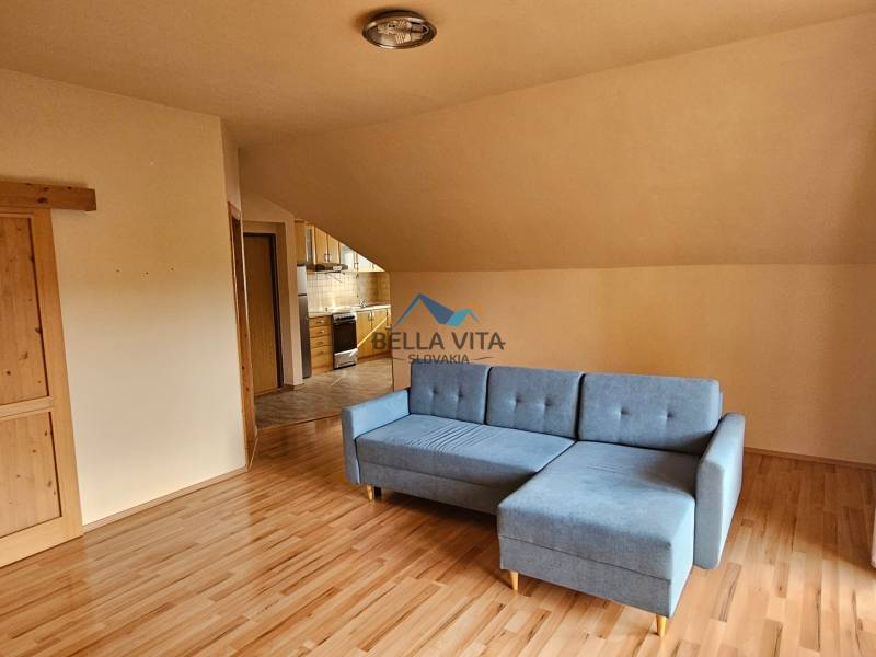 Living room with a blue sofa and wood-patterned flooring, leading into the kitchen.