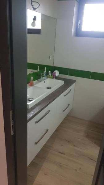 A bathroom in a family house with a sink and a wooden-patterned floor.