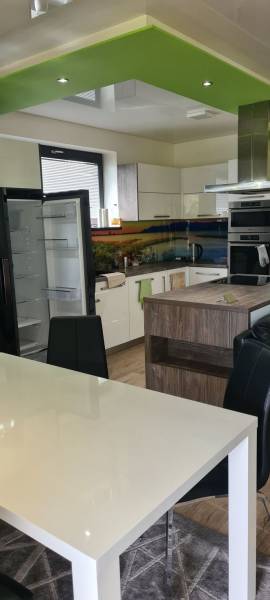 A kitchen in a family house with an open refrigerator, a green ceiling, and a dining table.