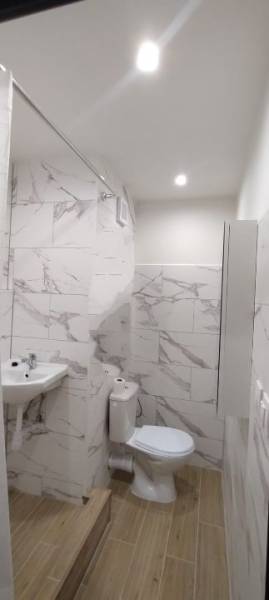 A bathroom in a studio apartment with ceramic tiles and a wooden decor floor.