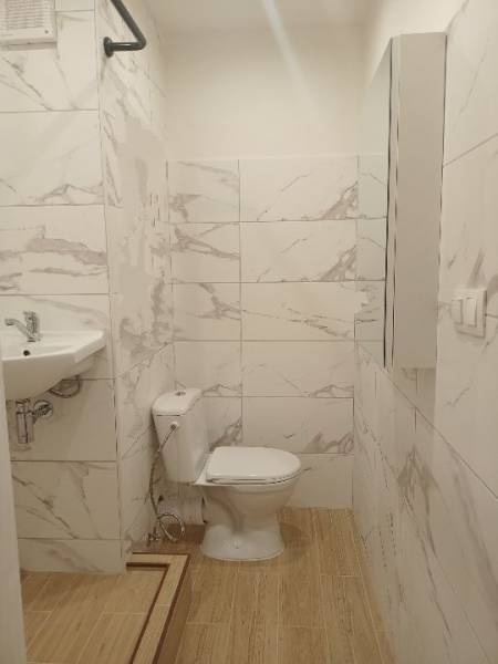 A studio apartment bathroom with a toilet, sink, and floor with a wood decor.