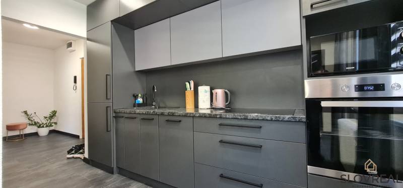 A stylish kitchen with modern appliances and dark furniture decor in a 2-room apartment.