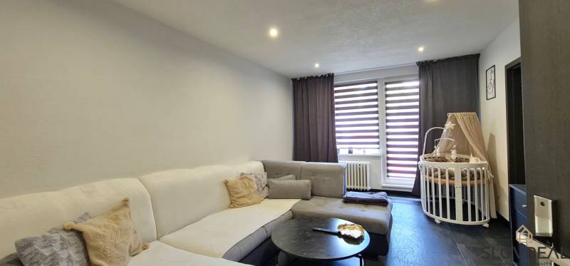 Living room in a two-room apartment with a sofa, coffee table, and a baby crib.