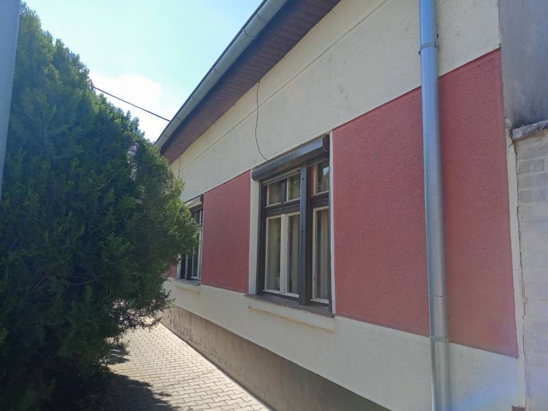 A family house in Nové Zámky with nets on the insulated facade and a tree by the sidewalk.