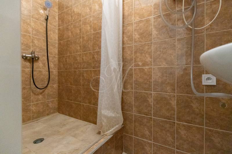 A shower corner with brown tiles in a studio apartment.