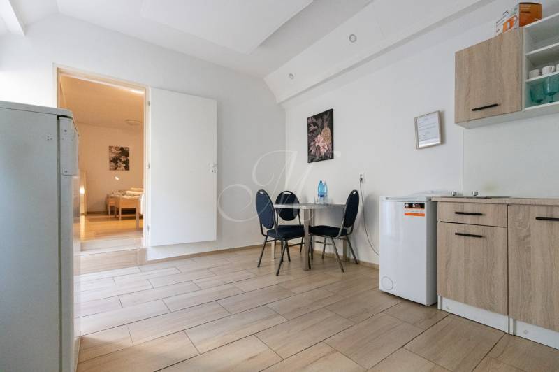 1-bedroom apartment with wood-patterned flooring, a kitchen unit, and a dining table.