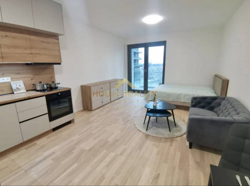 Kitchen unit, bed, sofa, and floor with wooden decor in a studio apartment.