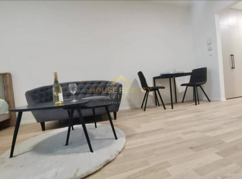 Living area in a one-room apartment with a sofa, table, and wooden decor flooring.