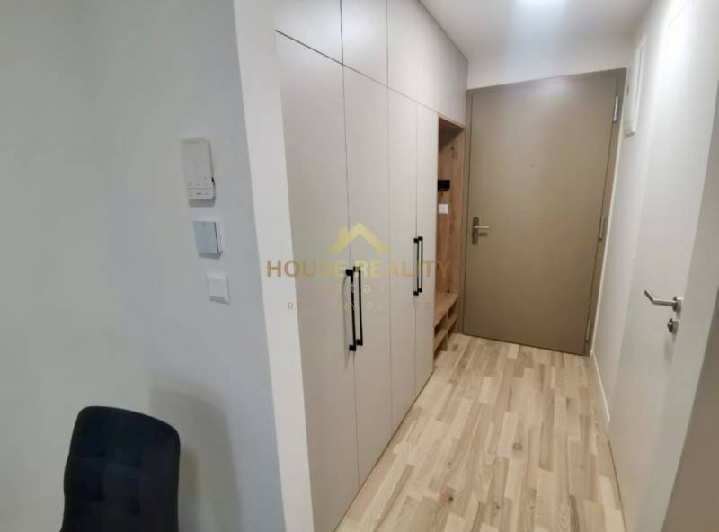 A hallway in a one-room apartment with a white wardrobe and a wooden decor floor.
