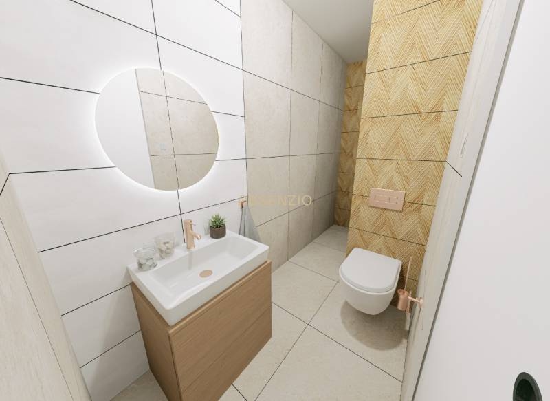 Bathroom with wood-patterned flooring, a sink, and a lighted mirror in a two-room apartment.