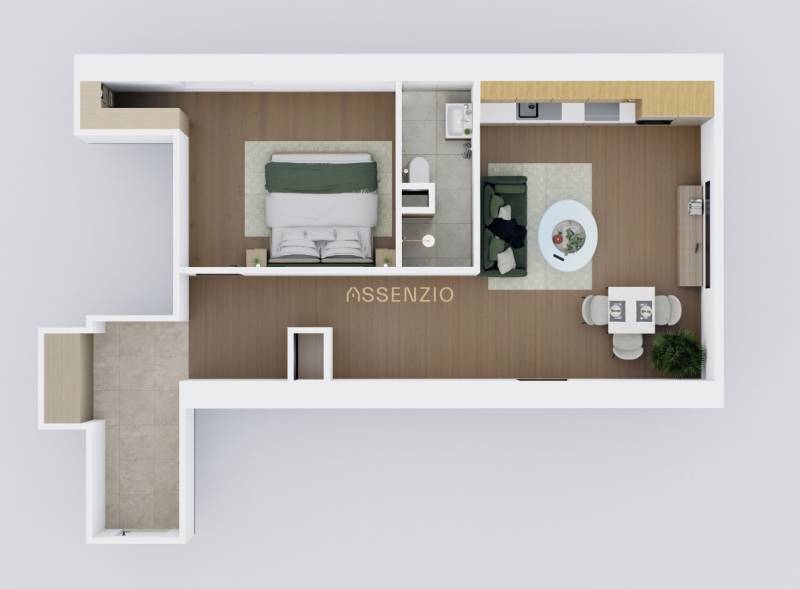 Floor plan of a 2-room apartment with wood-patterned flooring and a kitchen.