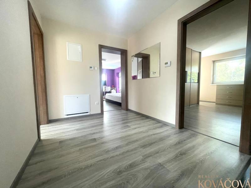 A hallway in a family house with a wooden decor floor and a mirror on the wall.