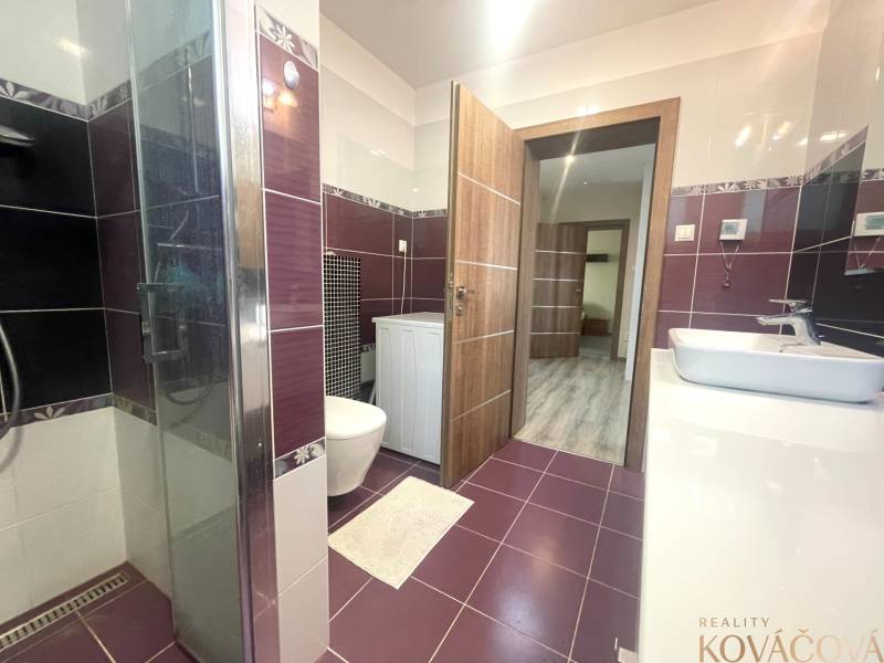 A bathroom in a family house with purple tiles and a floor with a wooden decor.