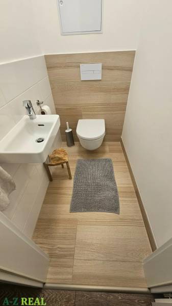 A toilet in a 3-room apartment with a wooden decor floor and a wall-mounted toilet.