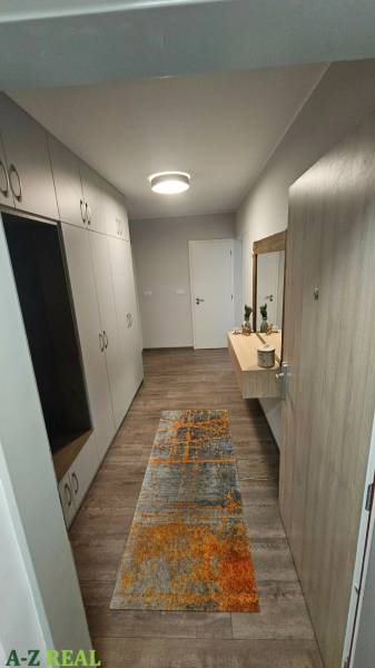 Entrance hallway in a 3-room apartment with storage space and flooring with a wood decor.