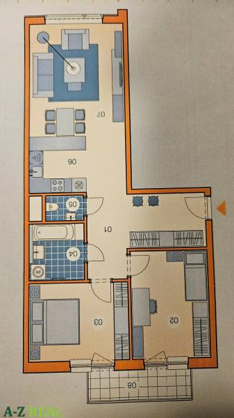 Floor plan of a 3-room apartment with a kitchen, bathroom, and two bedrooms.