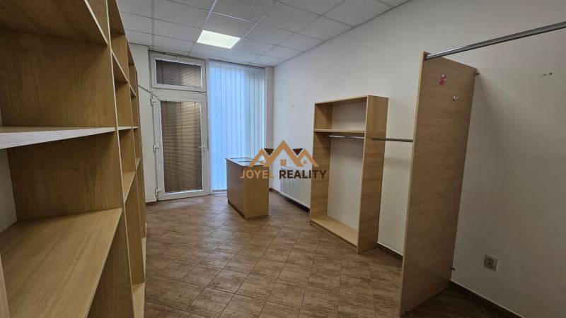 Shelving units and storage spaces with wood-patterned flooring.