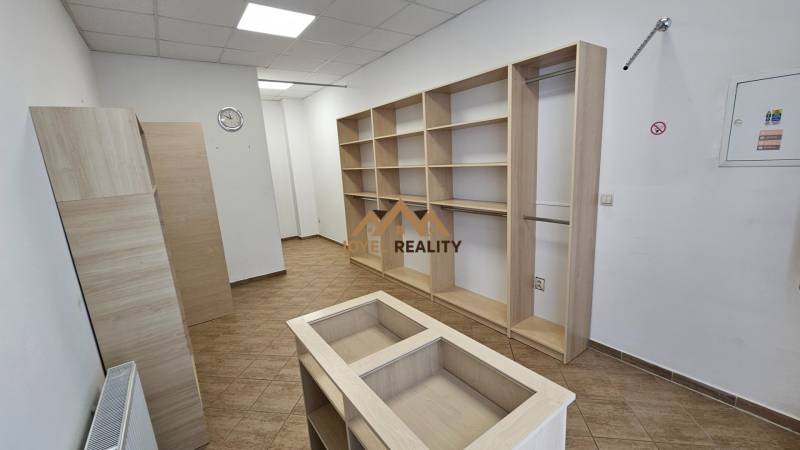 Commercial space with shelves and wood-decor flooring, white wall, ceiling lighting.