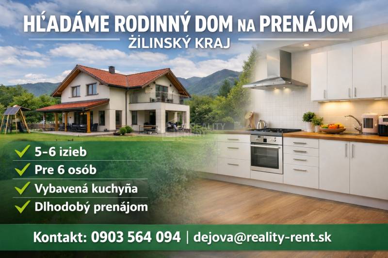 Family house for rent in the Žilina region, modern kitchen, wooden decor flooring.
