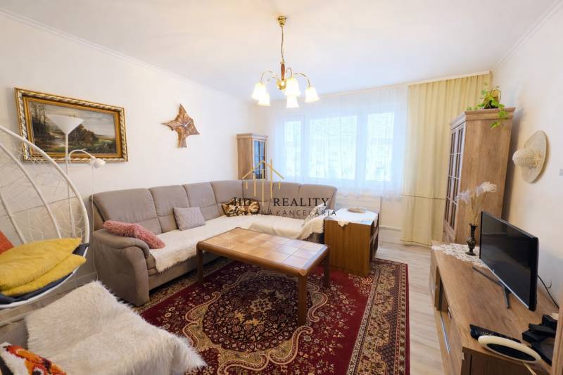 Living room in a three-room apartment with a sofa, red carpet, and ceiling light.