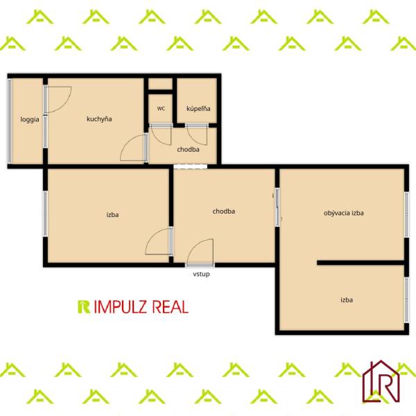 Floor plan of a 2-room apartment with a loggia, kitchen, bathroom, and two rooms.