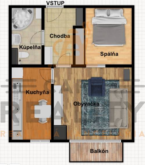 Floor plan of a 2-room apartment with a living room, kitchen, bathroom, and balcony.