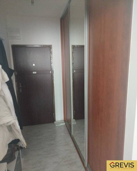 A hallway with tiles and a large mirror in a studio apartment.