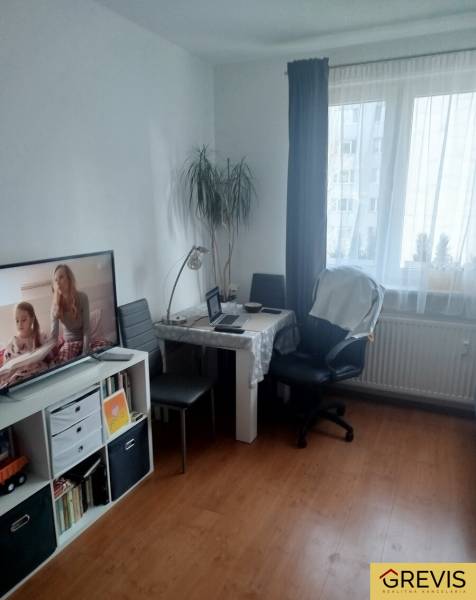 Studio apartment with a table, chairs, bookshelf, and television; floor with wood decor.