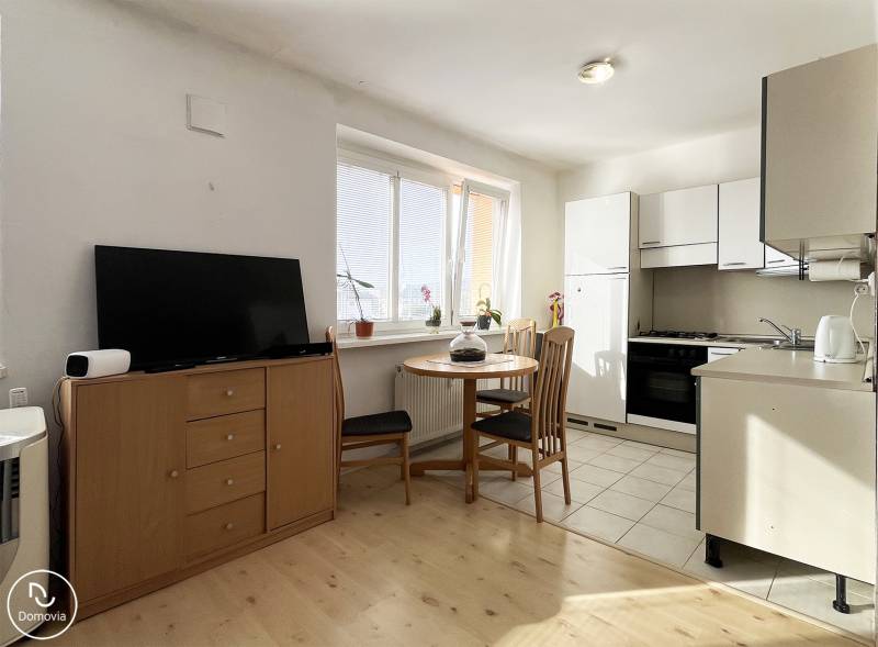 A kitchen with a dining table and a wooden decor floor in a studio apartment.