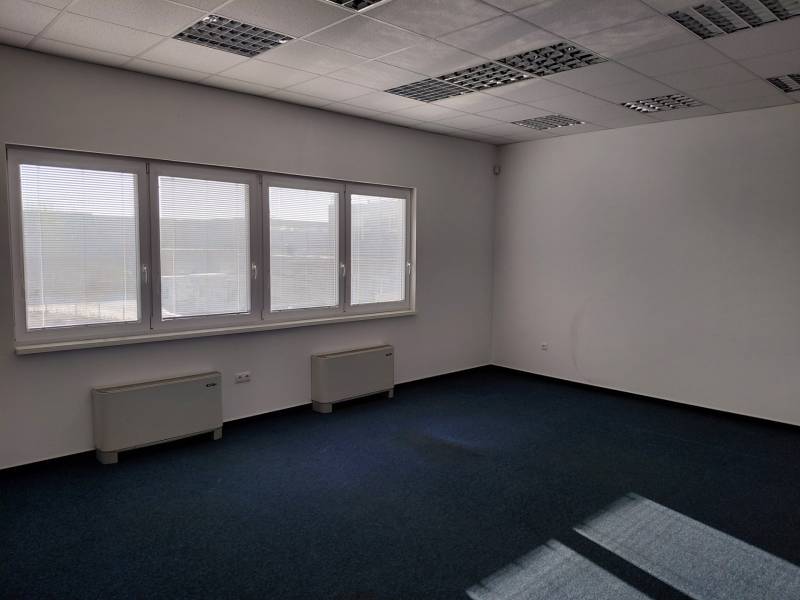 Interiors of warehouses and halls with blue carpet, large windows, and white walls.