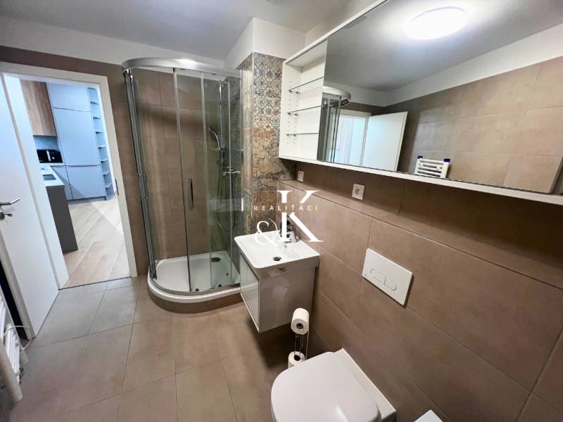 Bathroom in a 2-room apartment with a shower, sink, and mirror.