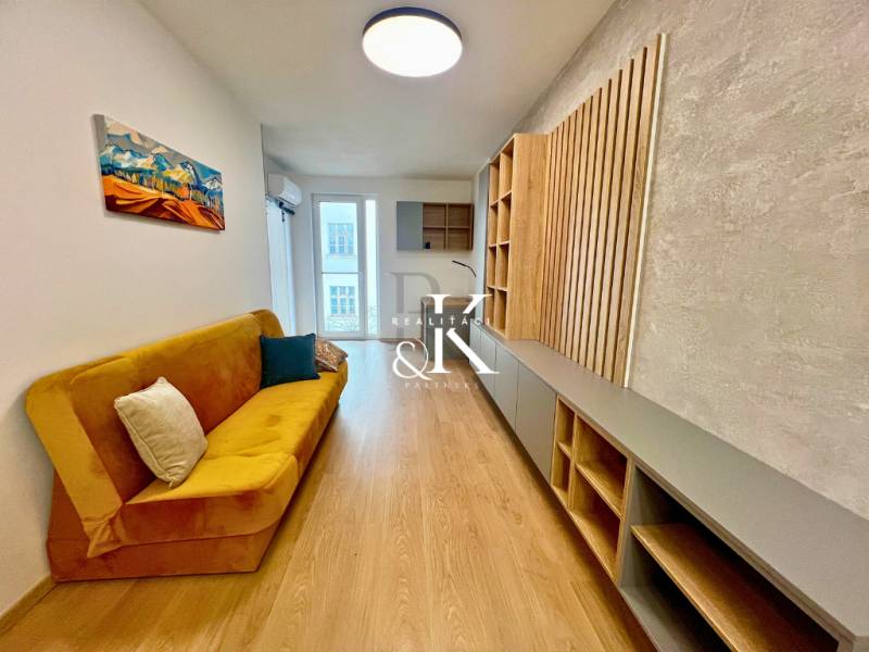 Living room in a two-room apartment with a sofa and wood-patterned flooring.