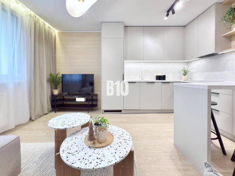 Living room with a light kitchen unit, sofa, and wooden decor flooring in a 3-room apartment.