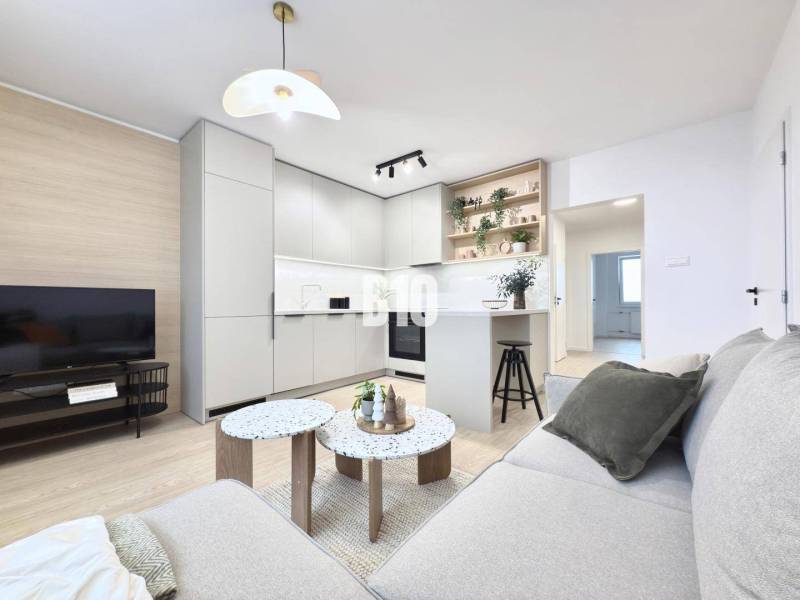 Living room in a 3-room apartment with a kitchen and a floor with a wood decor.