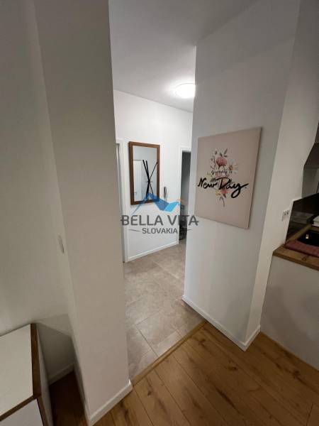 A hallway with a mirror and a picture leading to a 2-room apartment on Brečtanová Street.