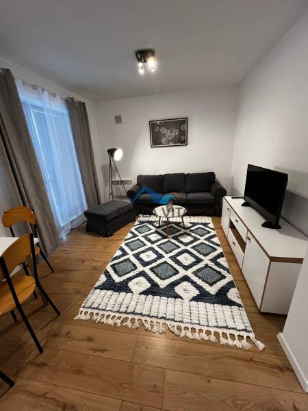 Living room of a two-room apartment on Brečtanová Street with a sofa and a television on a stand.