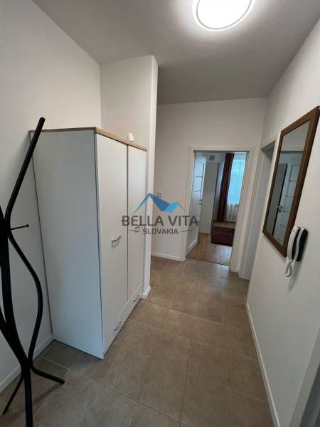 We are entering a 2-room apartment on Brečtanová Street, with a built-in wardrobe and a mirror.