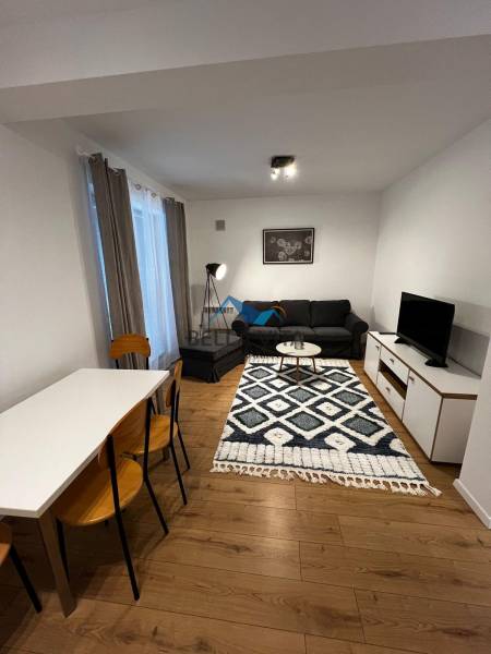 Living room with a textile carpet, black sofa, dining table; 2-room apartment on Brečtanová Street.