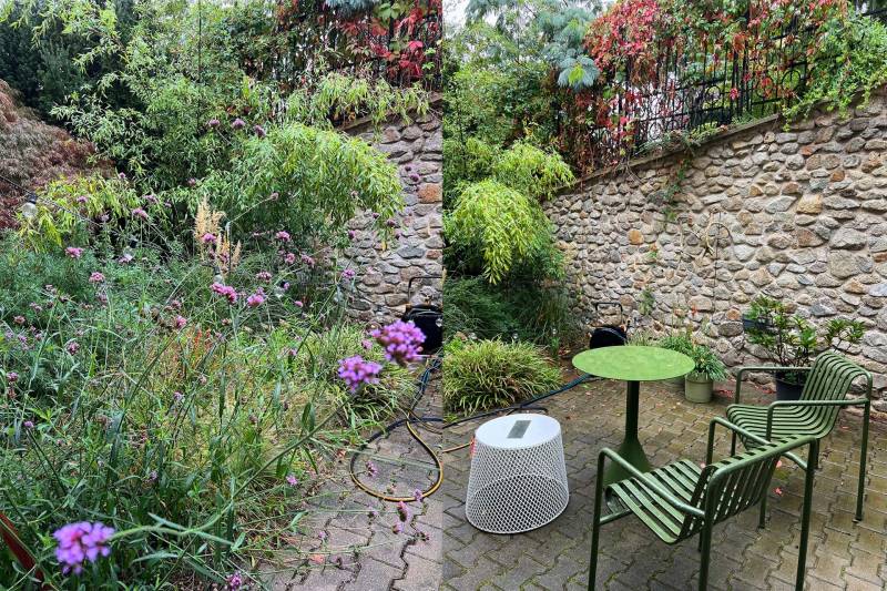 A garden with a stone fence, colorful plants, and modern seating on Tichá Street.