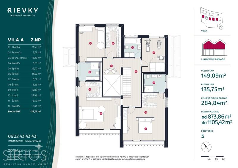 Floor plan of the second floor of a family house with five rooms and a sauna.