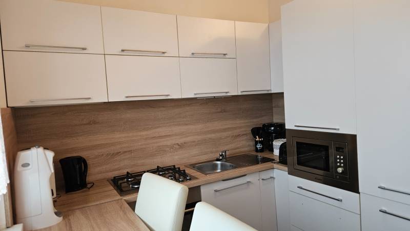 A kitchen in a 2-room apartment with white cabinets and a wood-patterned floor.