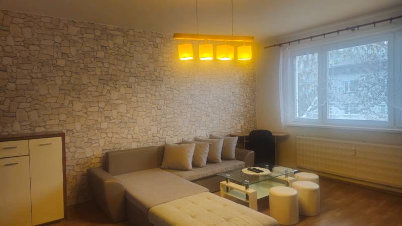 Living room with a sofa, stone cladding, wood-patterned flooring, and a large window.